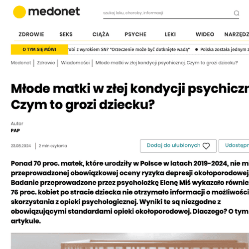 Przeczytaj artykuł redakcji Medonet o stanie zdrowia psychicznego matek w Polsce, depresji poporodowej i działaniach Fundacji Zdrowego Postępu.